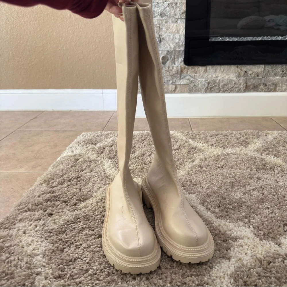 NEW Cream Platform Knee-High Boots